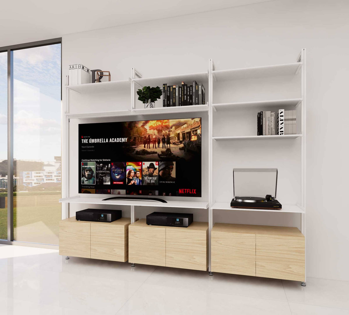 Modular shelving unit with white and Casting Light shelves and white vertical posts.