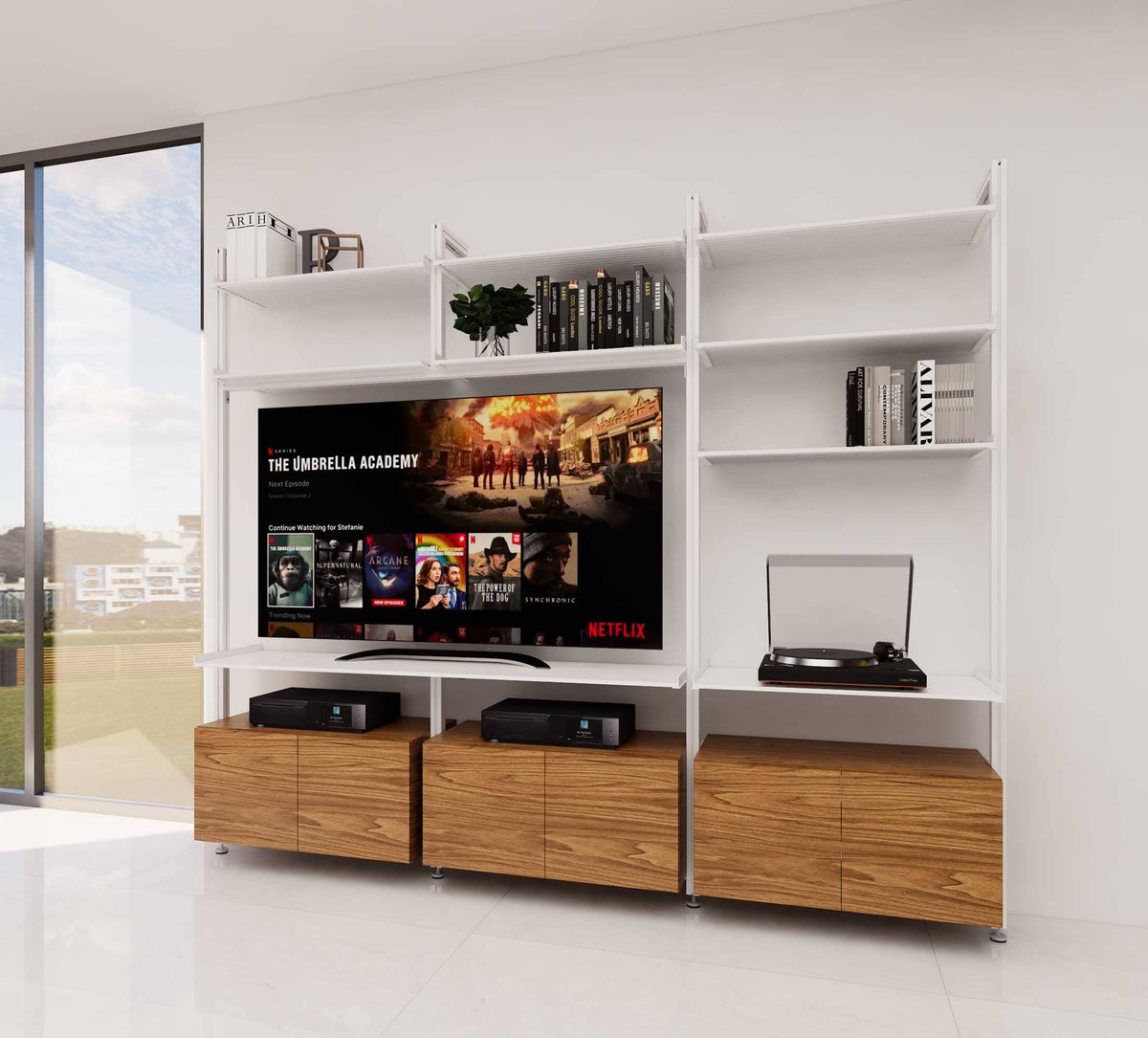 Modular shelving unit with black and Casting Light shelves and white vertical posts.