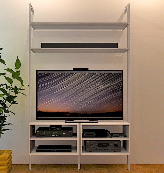 Modular media shelving unit with satin shelves and satin vertical posts, shown with eight open shelf levels.
