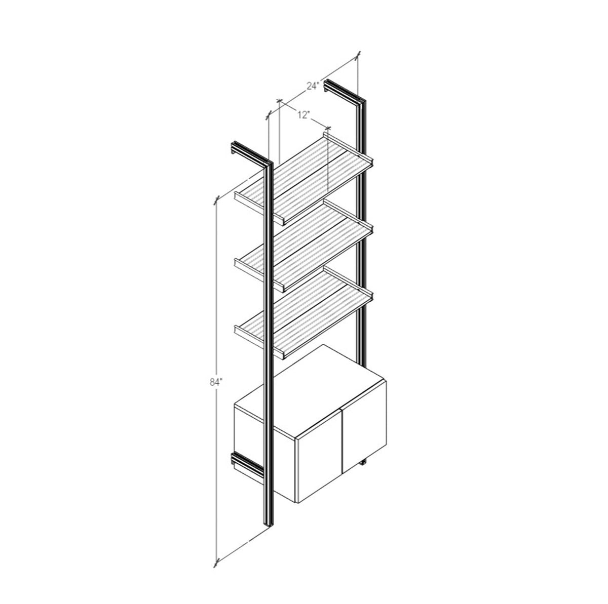 Technical drawing of a modular shelving unit, showing product dimensions and configuration details.