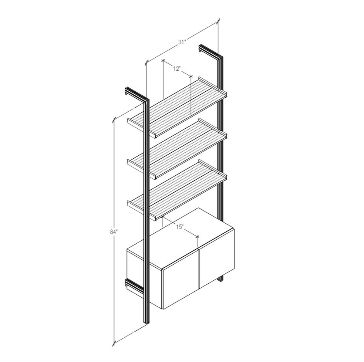 Technical drawing of a modular shelving unit, showing product dimensions and configuration details.