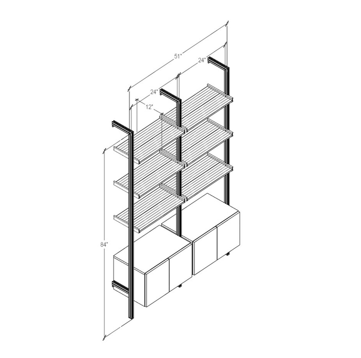 Technical drawing of a modular shelving unit, showing product dimensions and configuration details.