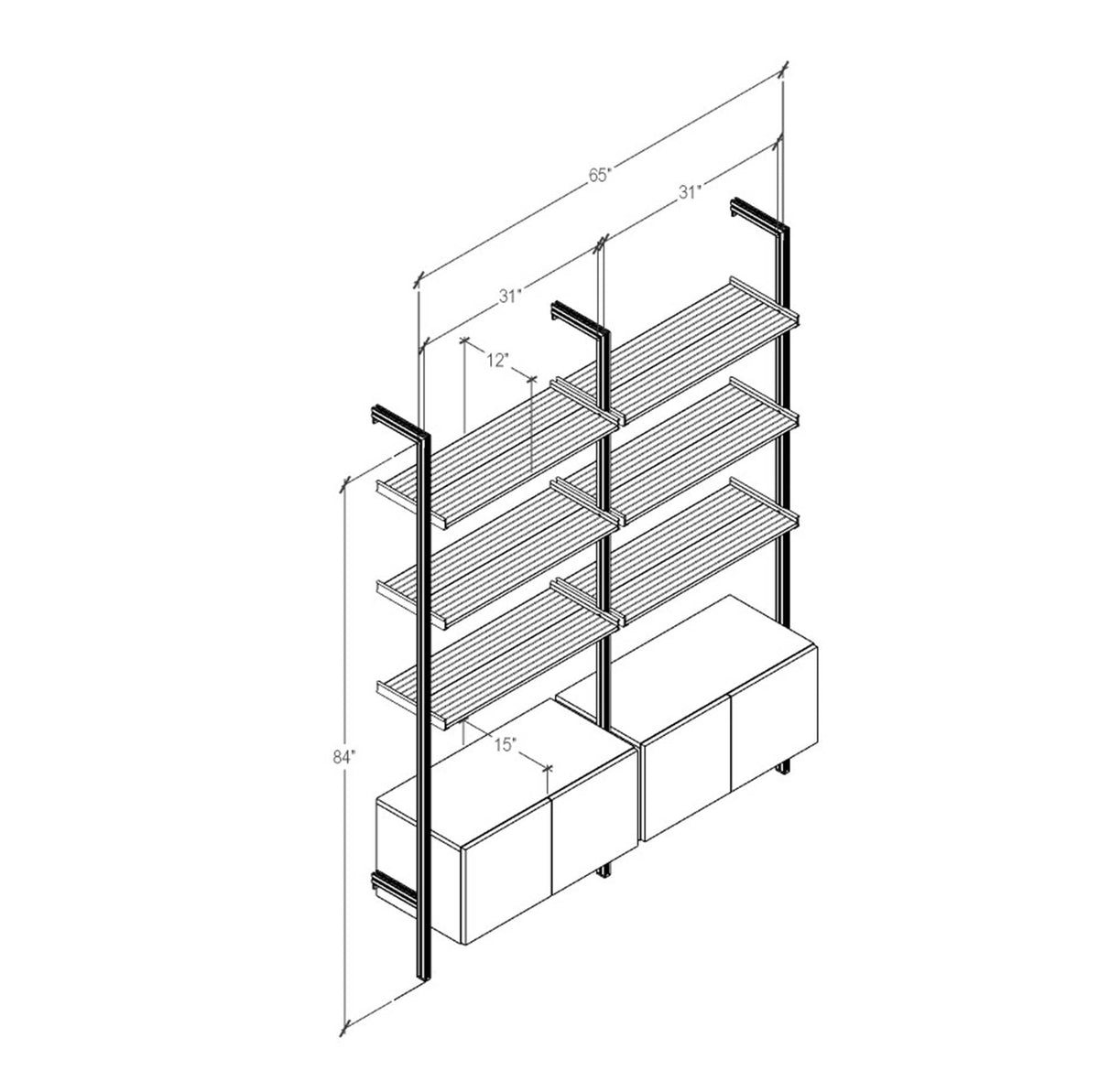 Technical drawing of a modular shelving unit, showing product dimensions and configuration details.