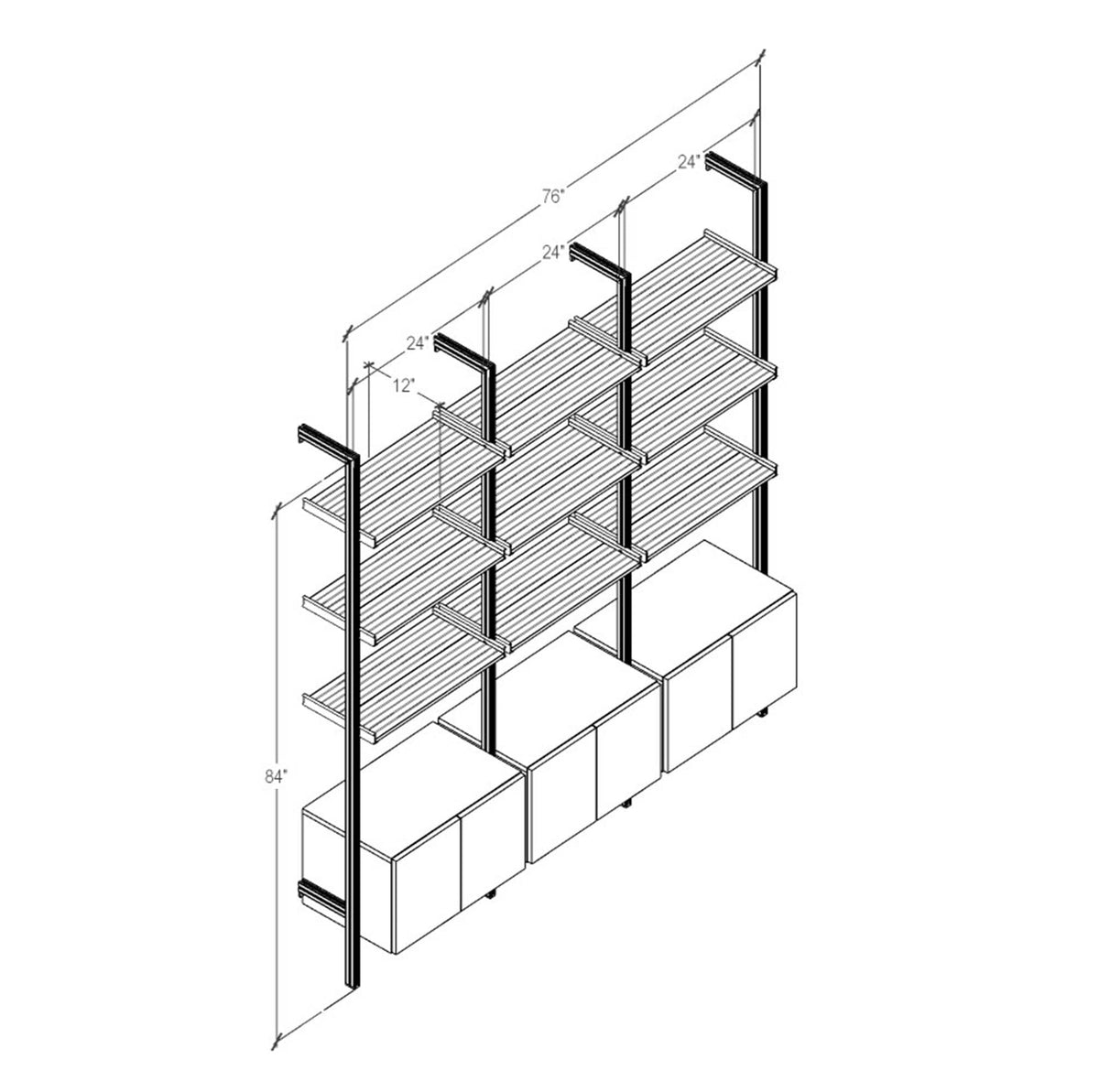 Technical drawing of a modular shelving unit, showing product dimensions and configuration details.