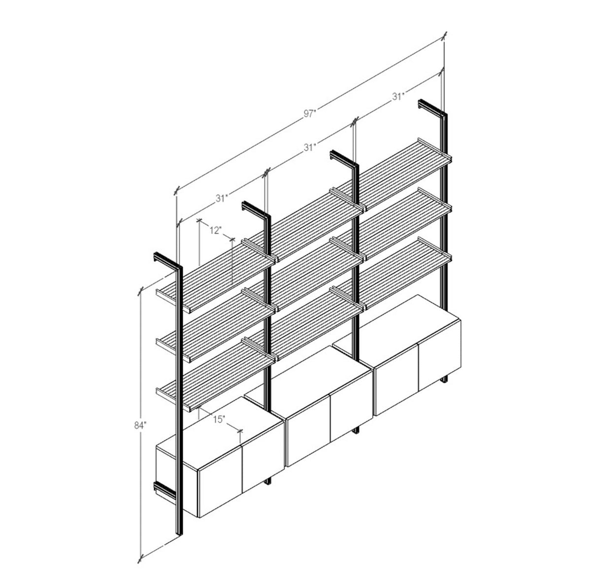 Technical drawing of a modular shelving unit, showing product dimensions and configuration details.