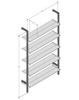 Technical drawing of a modular shelving unit, showing product dimensions and configuration details.