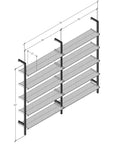 Technical drawing of a modular shelving unit, showing product dimensions and configuration details.