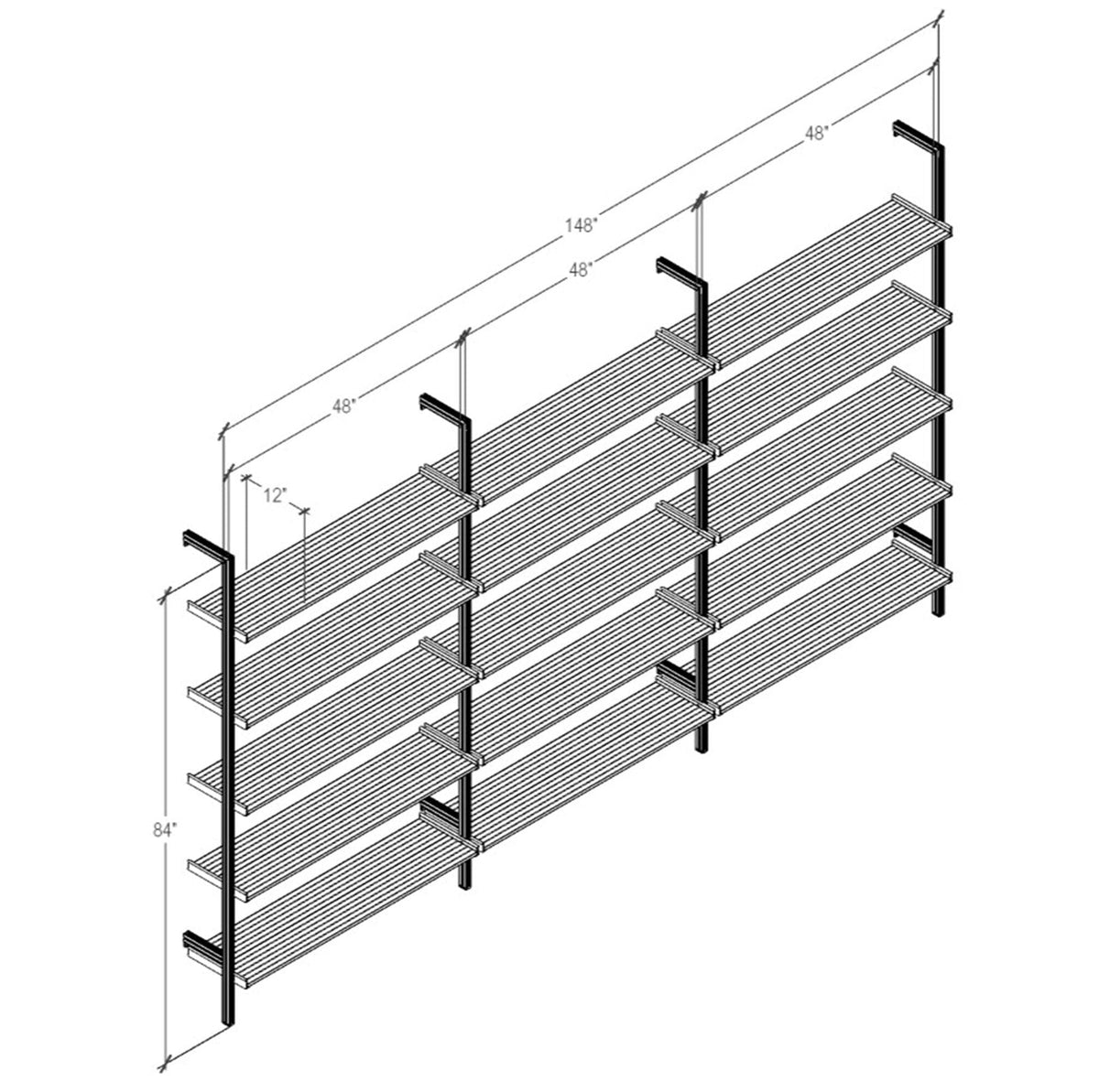 Technical drawing of a modular shelving unit, showing product dimensions and configuration details.