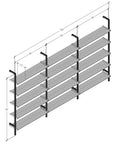 Technical drawing of a modular shelving unit, showing product dimensions and configuration details.