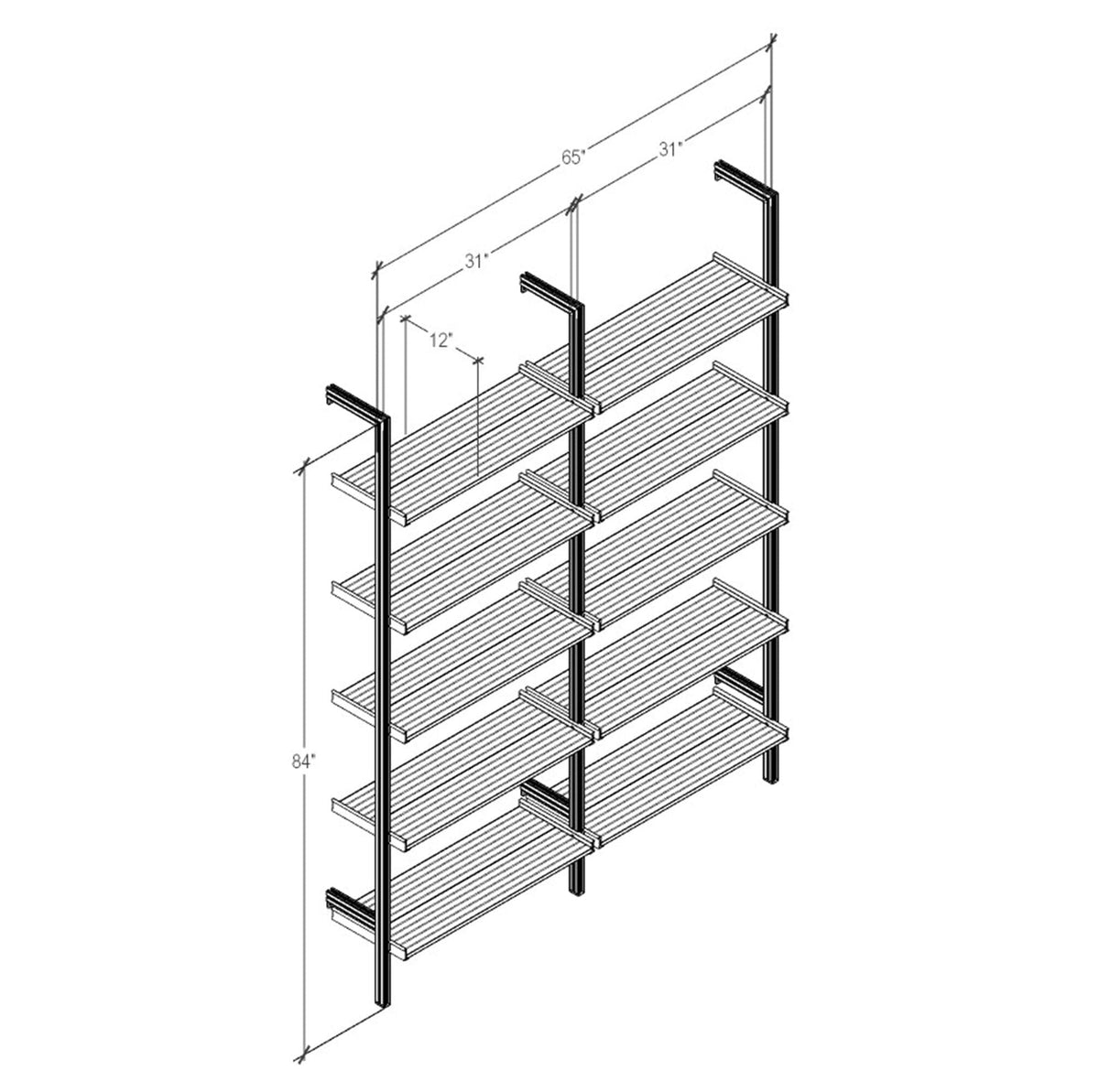 Technical drawing of a modular shelving unit, showing product dimensions and configuration details.