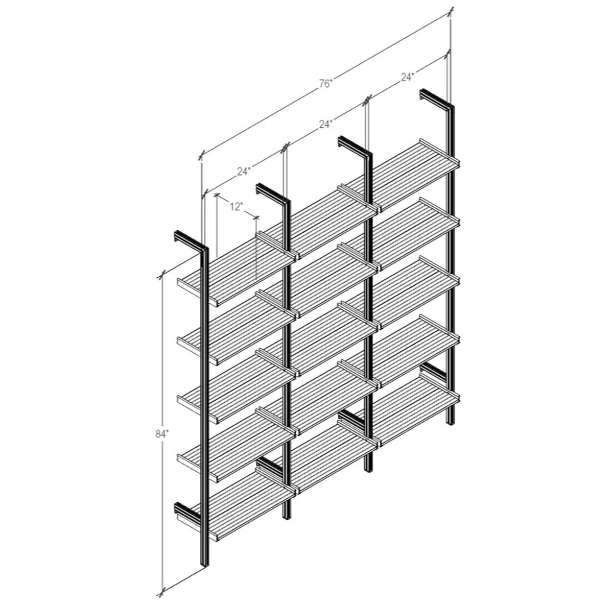 Technical drawing of a modular shelving unit, showing product dimensions and configuration details.