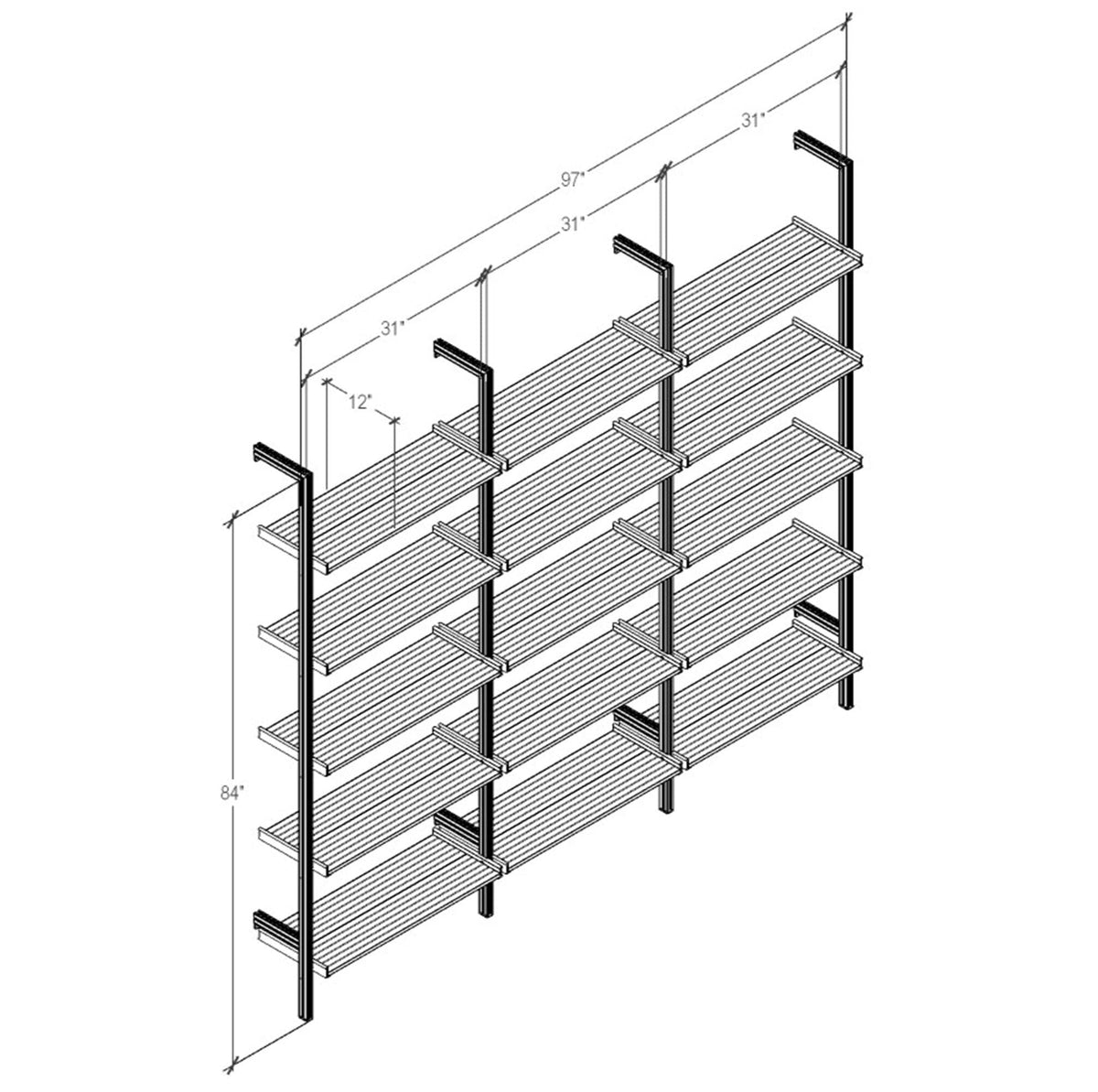 Technical drawing of a modular shelving unit, showing product dimensions and configuration details.