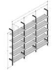 Technical drawing of a modular shelving unit, showing product dimensions and configuration details.