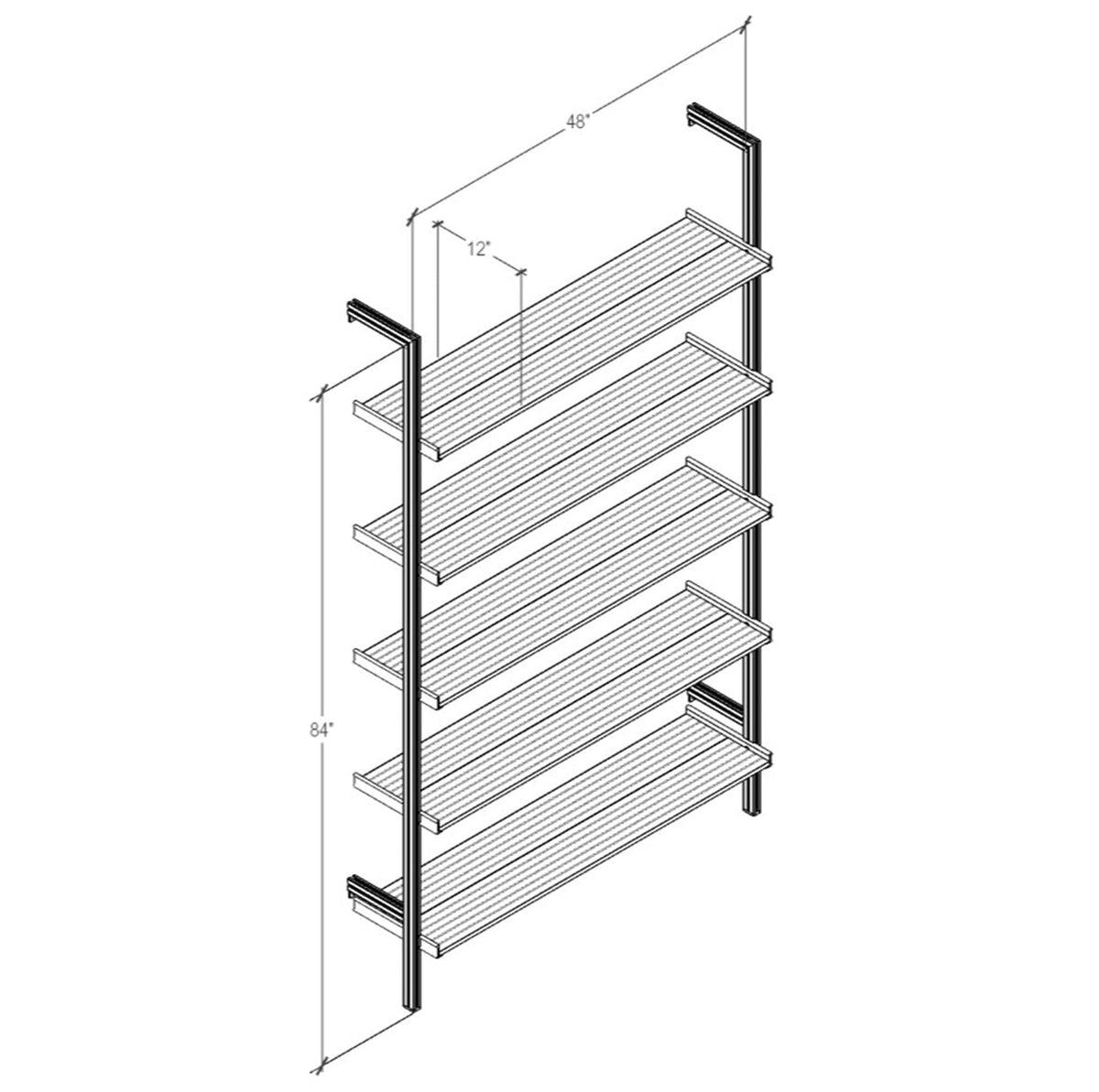 Technical drawing of a modular shelving unit, showing product dimensions and configuration details.