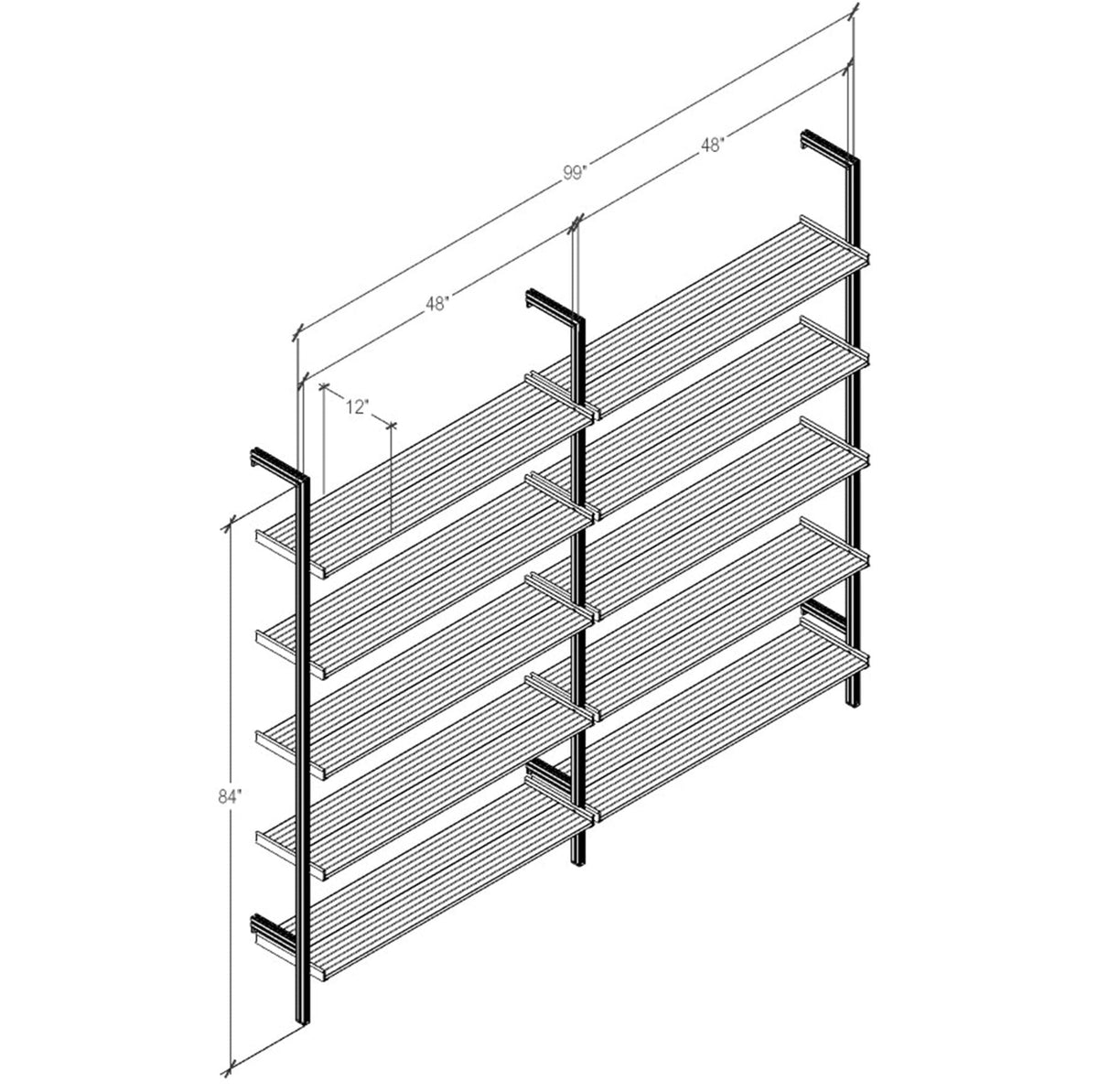 Technical drawing of a modular shelving unit, showing product dimensions and configuration details.