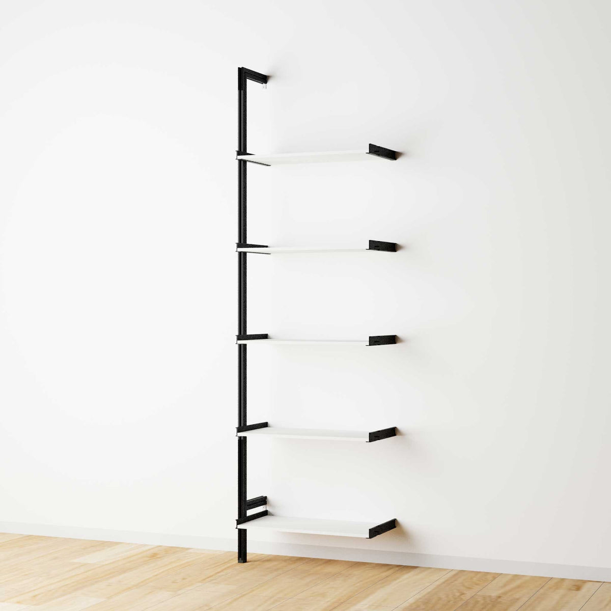 Modular shelving extension with white shelves and black vertical post, one bay, 24-inch shelf width, shown with open shelf levels.