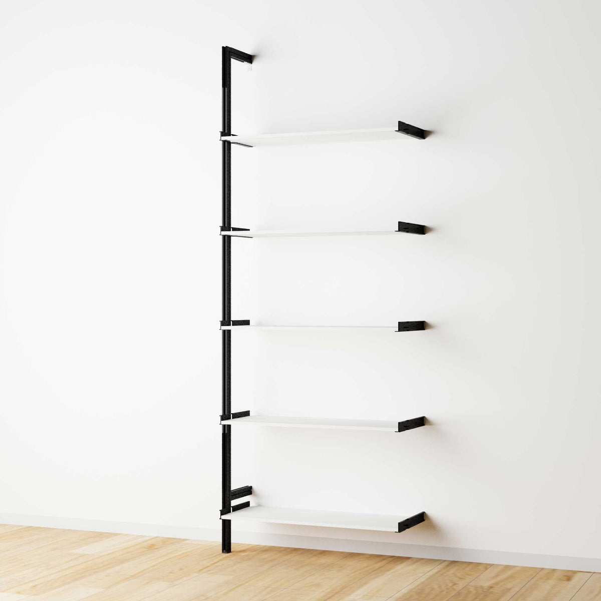 Modular shelving extension with white shelves and black vertical post, one bay, 31-inch shelf width, shown with open shelf levels.