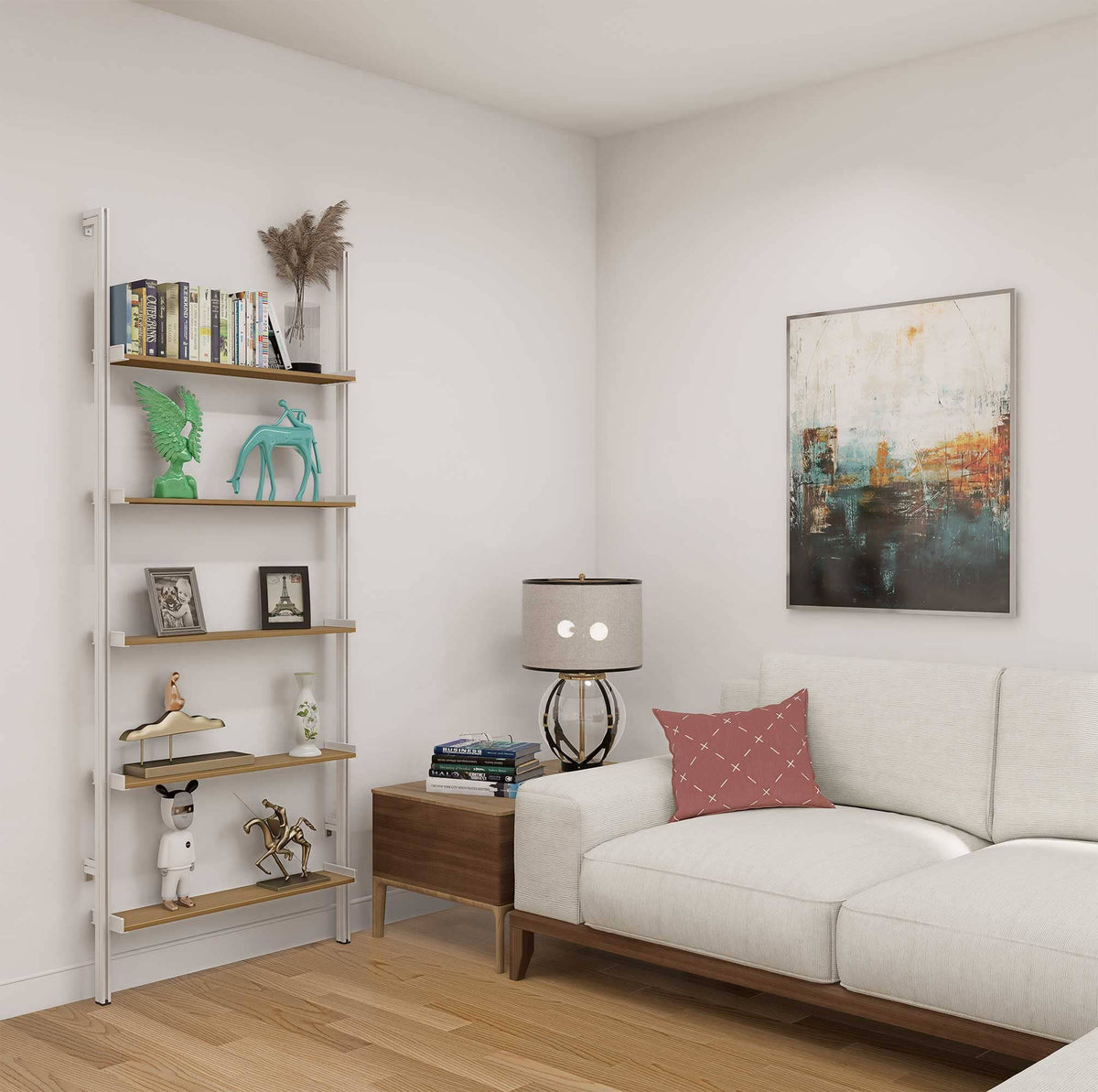 Aluminaire wood inspired modular shelving unit with wood-look aluminum shelves and black vertical posts, one bay, styled in a modern room.