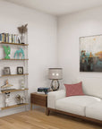 Aluminaire wood inspired modular shelving unit with wood-look aluminum shelves and black vertical posts, one bay, styled in a modern room.