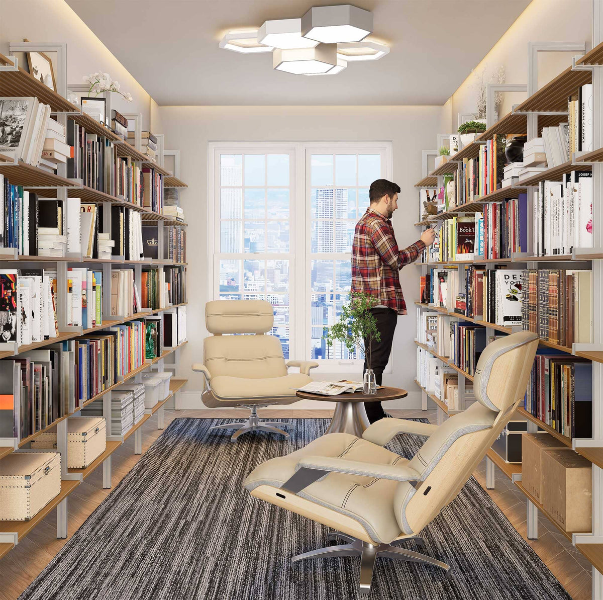 Aluminaire wood inspired modular shelving unit with wood-look aluminum shelves and white vertical posts, one bay, styled in a modern room.