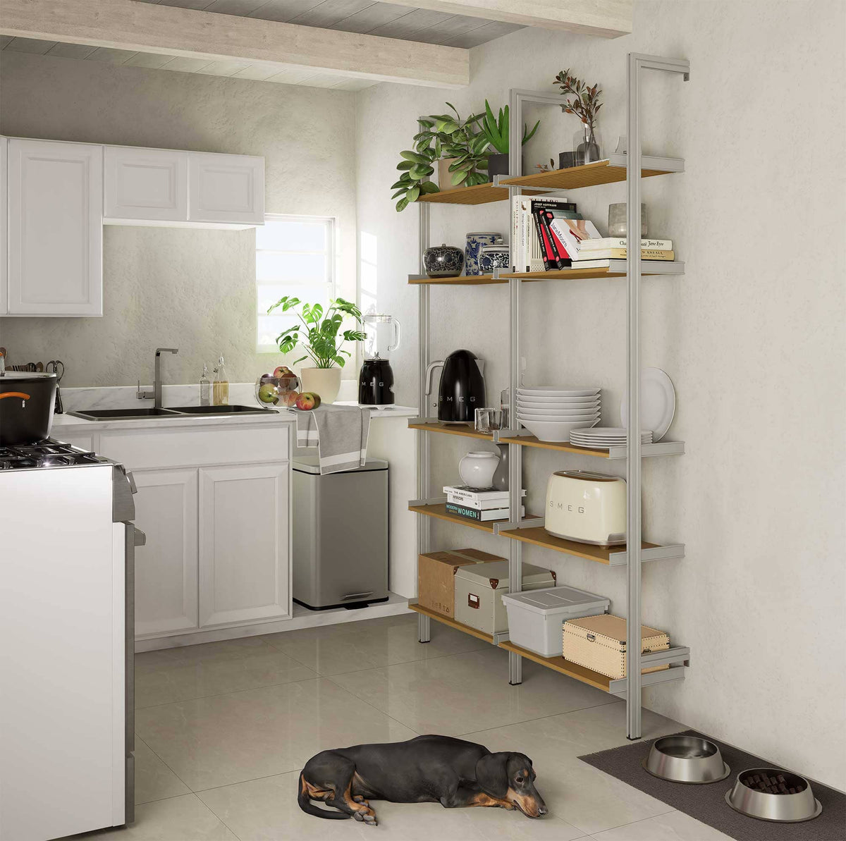 Aluminaire wood inspired modular shelving unit with wood-look aluminum shelves and satin vertical posts, one bay, styled in a modern room.