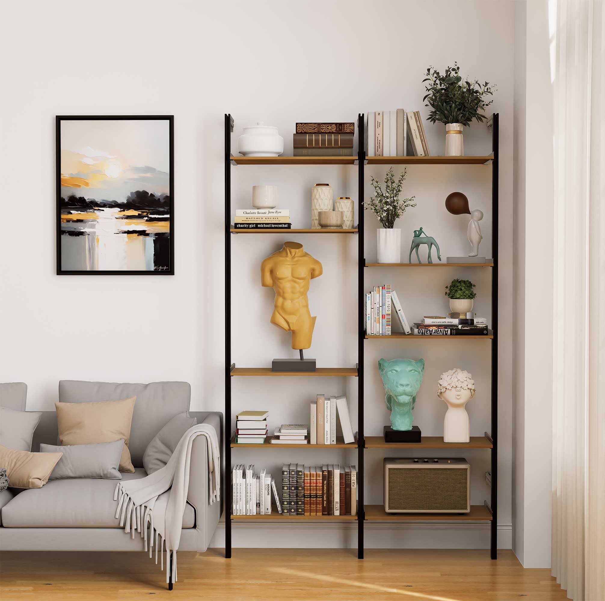 Modern aluminum shelving unit with books and decor in a contemporary living space.