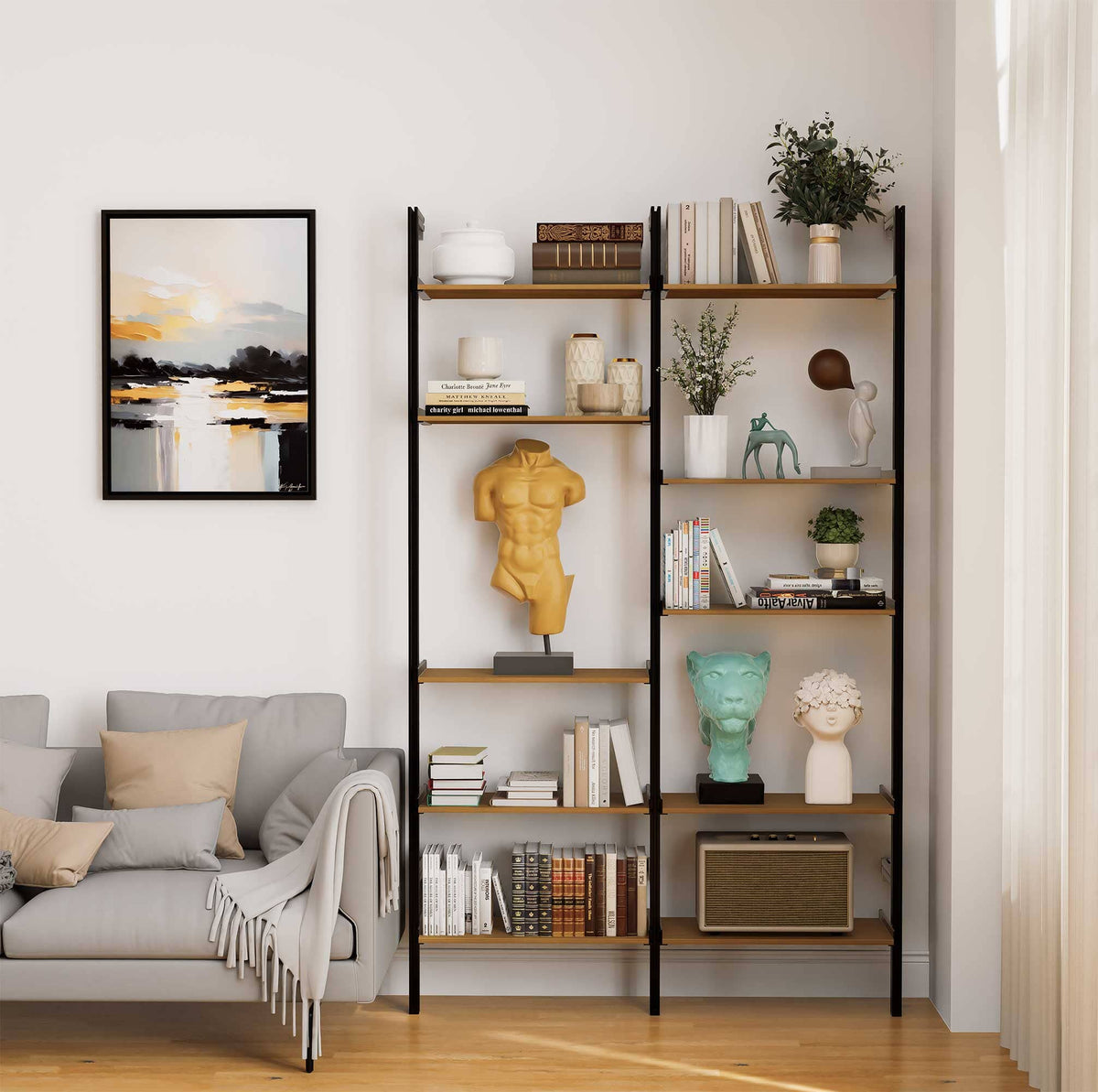 Aluminaire wood inspired modular shelving unit with wood-look aluminum shelves and satin vertical posts, one bay, styled in a modern room.