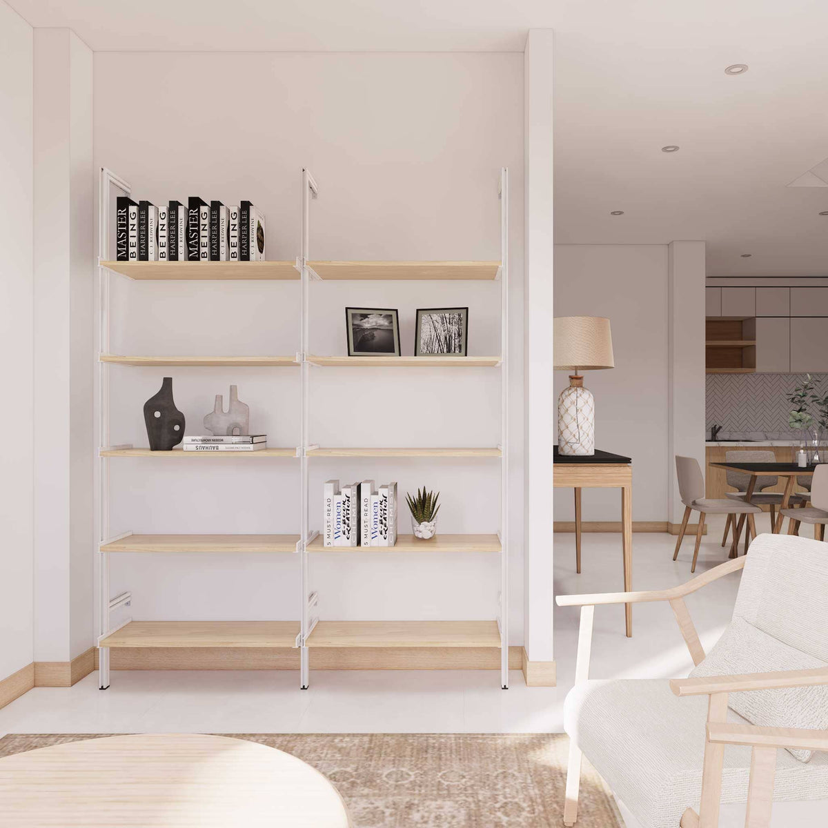 Wood shelf modular shelving unit with black shelves and black vertical posts, one bay, styled in a modern room.