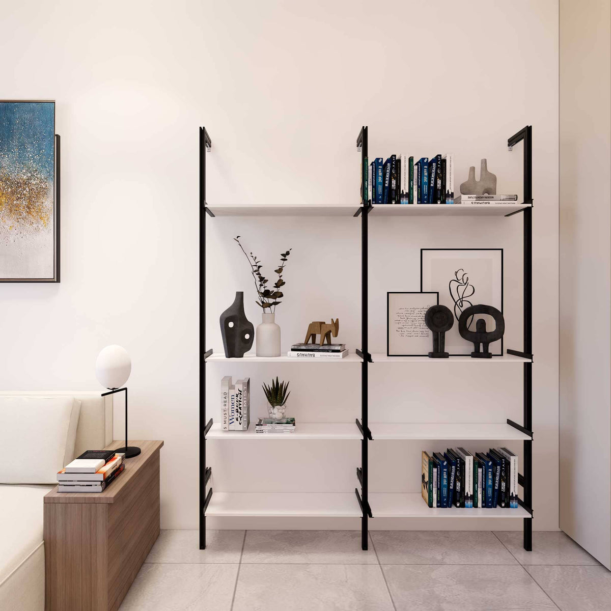 Modular shelving unit with satin shelves and satin vertical posts, one bay, styled in a modern room.