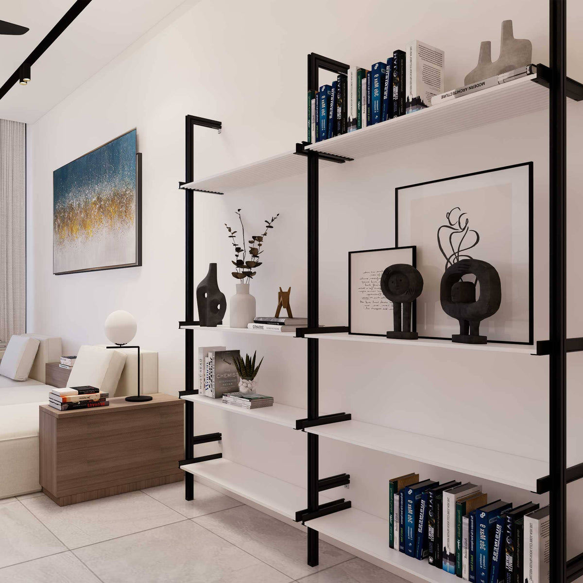 Modular shelving unit with white shelves and satin vertical posts, one bay, styled in a modern room.