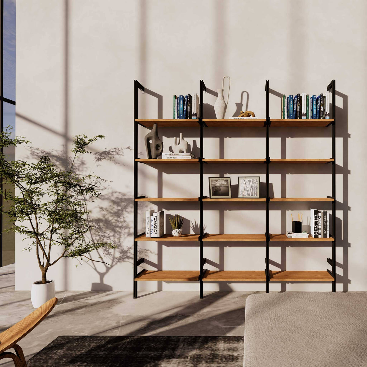 Wood shelf modular shelving unit with white shelves and satin vertical posts, one bay, styled in a modern room.