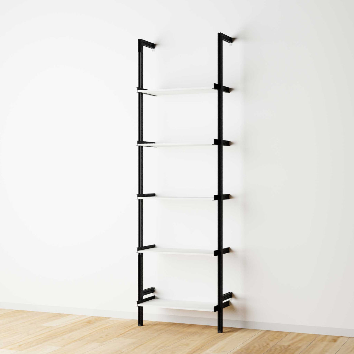 Modular shelving extension with white shelves and black vertical post, one bay, 24-inch shelf width, shown with open shelf levels.