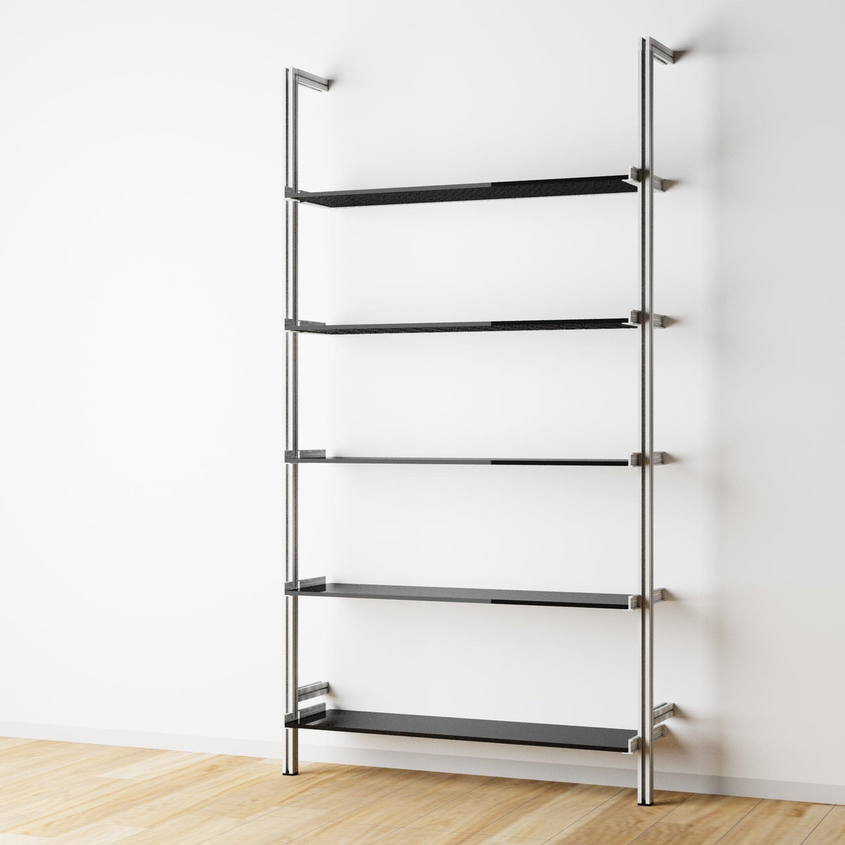 Modular shelving unit with black shelves and satin vertical posts, one bay, 31-inch shelf width, shown with open shelf levels.
