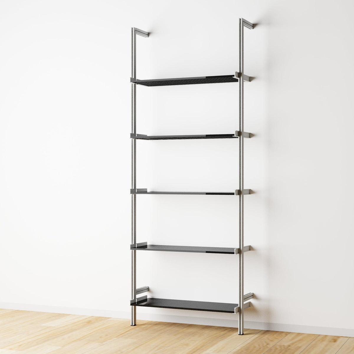 Modular shelving unit with black shelves and satin vertical posts, one bay, 31-inch shelf width, shown with open shelf levels.