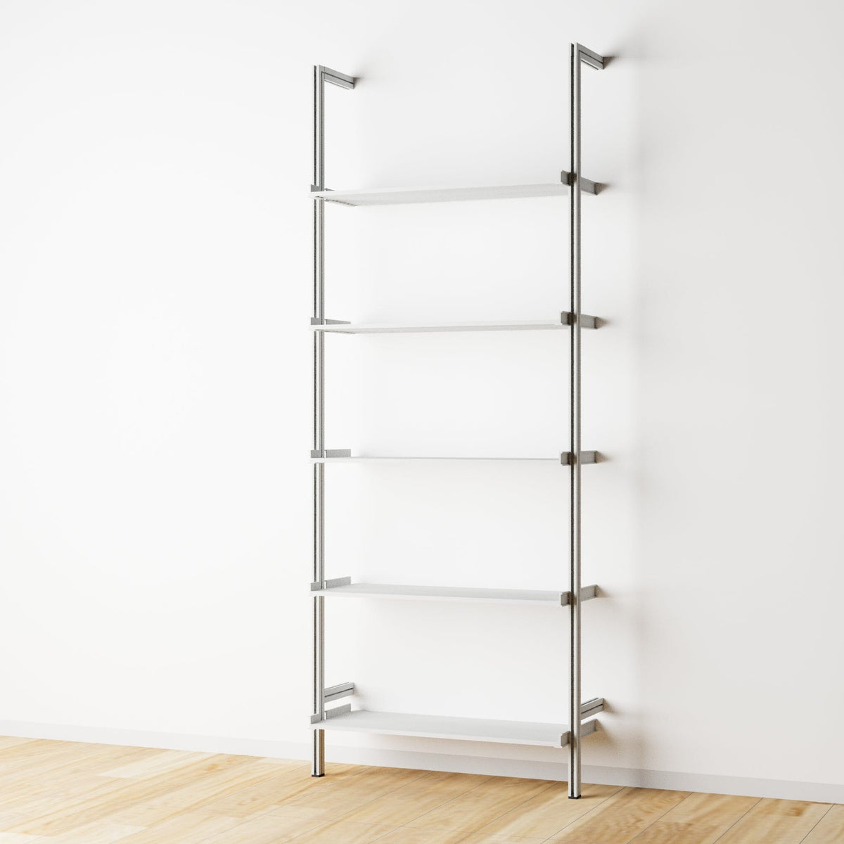 Modular shelving unit with satin shelves and satin vertical posts, one bay, 31-inch shelf width, shown with open shelf levels.