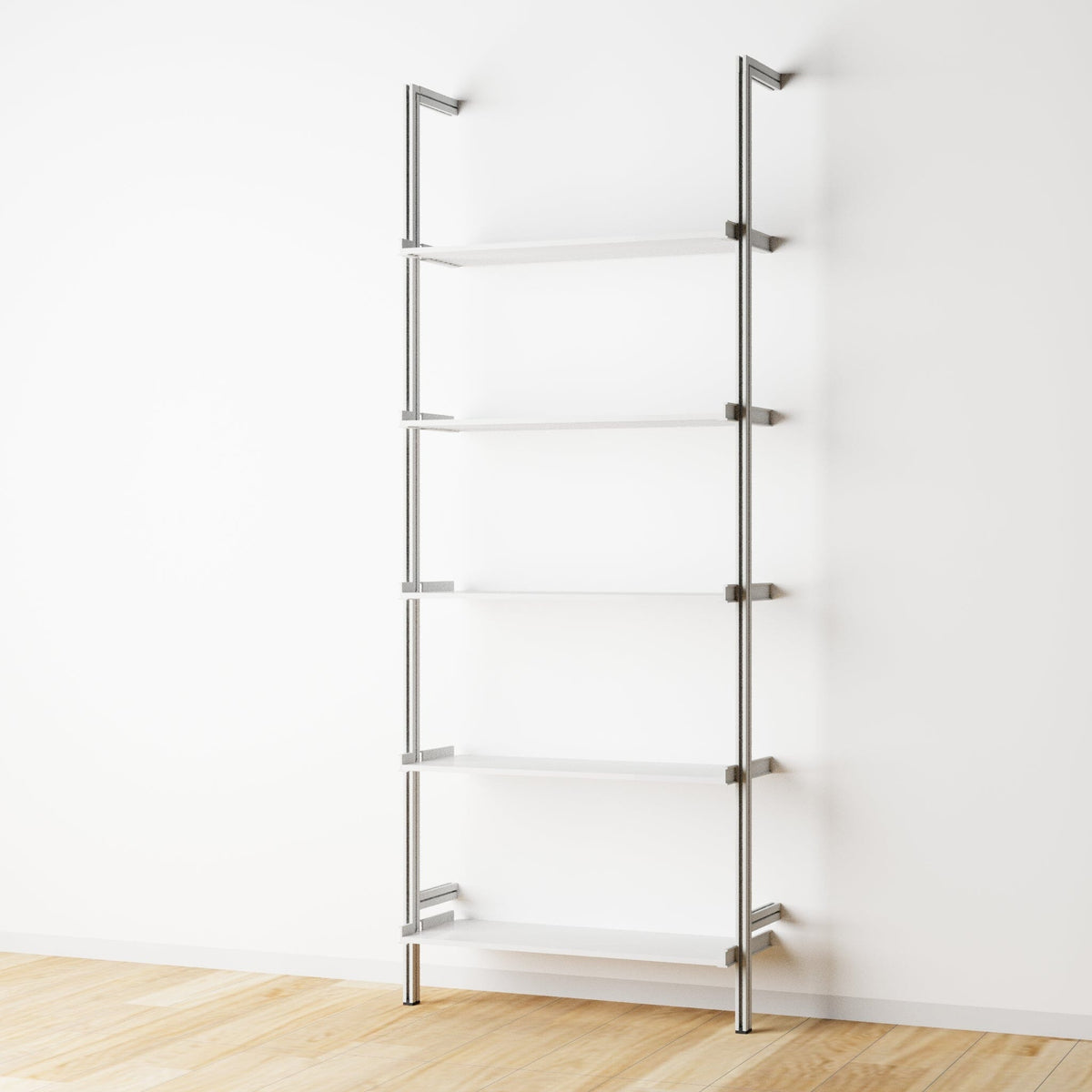 Modular shelving unit with white shelves and satin vertical posts, one bay, 31-inch shelf width, shown with open shelf levels.