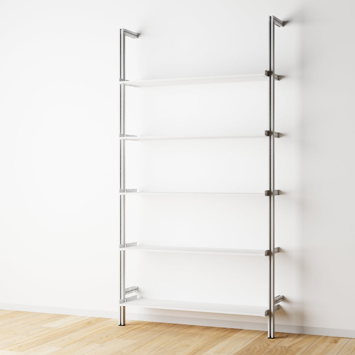 Modular shelving unit with white shelves and satin vertical posts, one bay, 31-inch shelf width, shown with open shelf levels.
