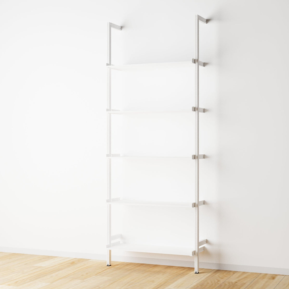 Modular shelving unit with white shelves and white vertical posts, one bay, 31-inch shelf width, shown with open shelf levels.