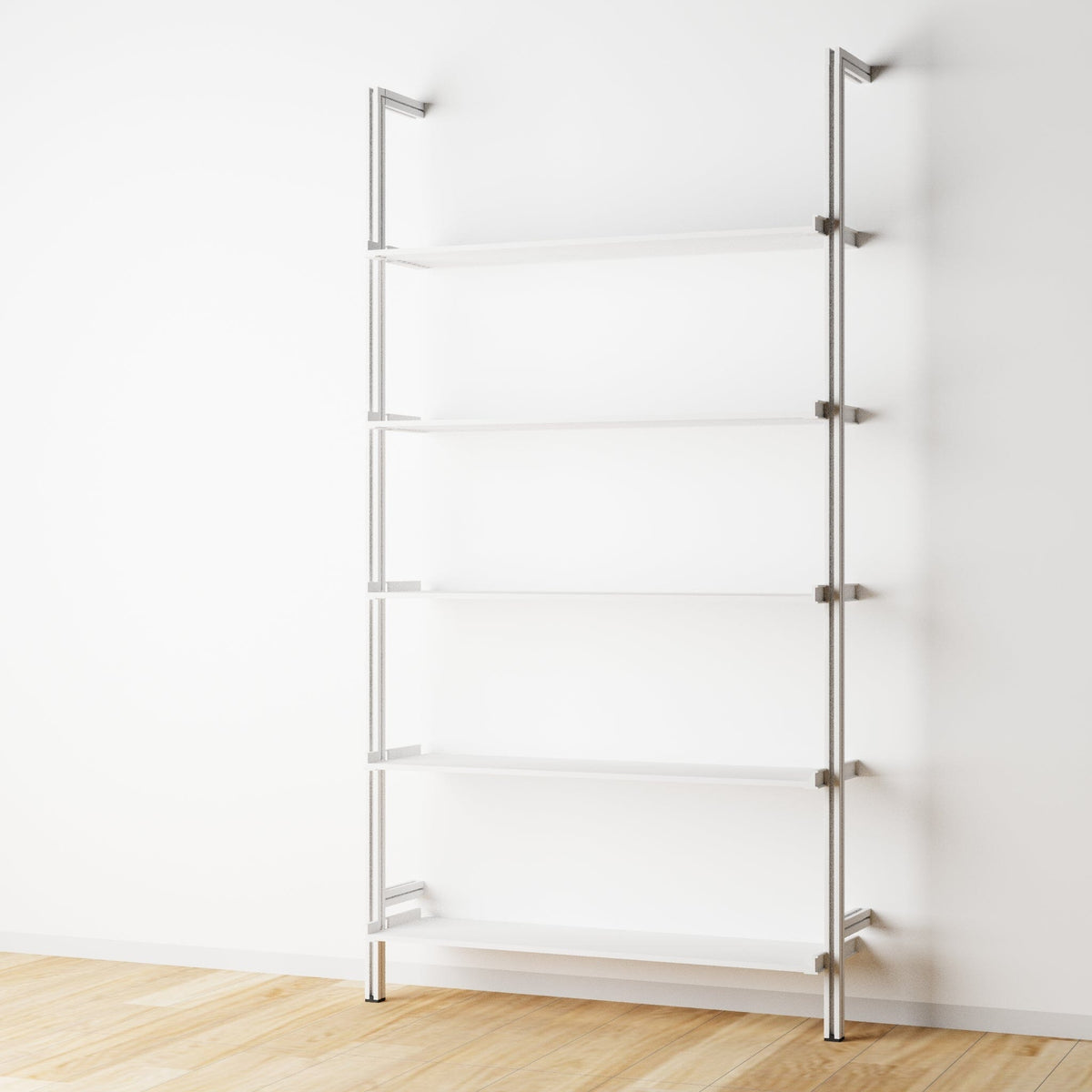 Modular shelving unit with white shelves and white vertical posts, one bay, 31-inch shelf width, shown with open shelf levels.