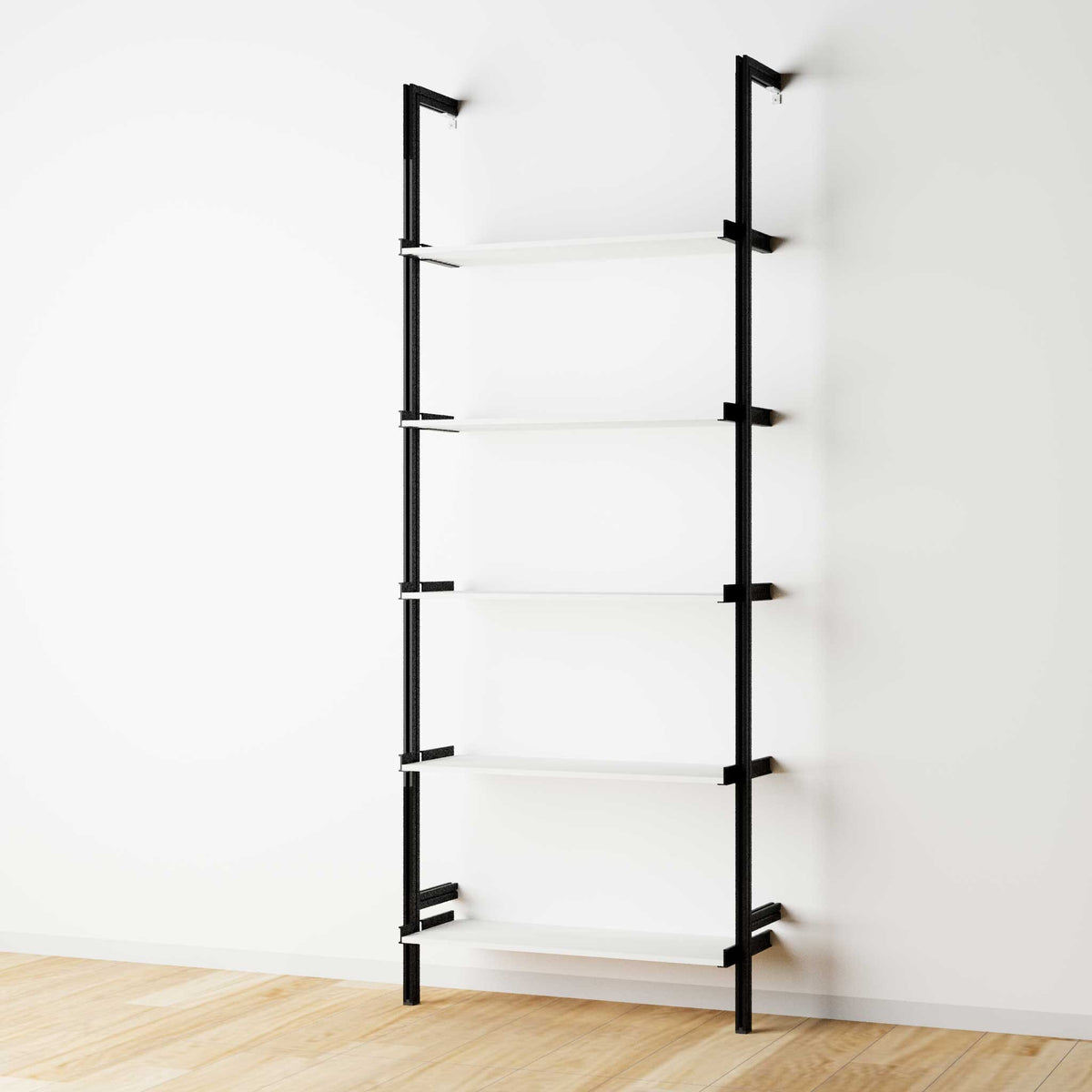 Modular shelving unit with white shelves and black vertical posts, one bay, 33-inch shelf width, shown with open shelf levels.