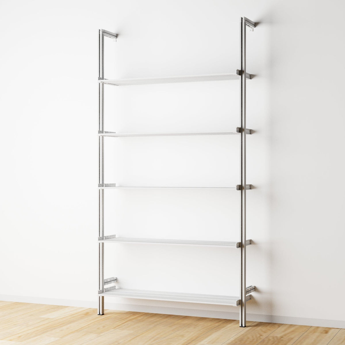 Modular shelving extension with satin shelves and satin vertical post, one bay, 48-inch shelf width, shown with open shelf levels.