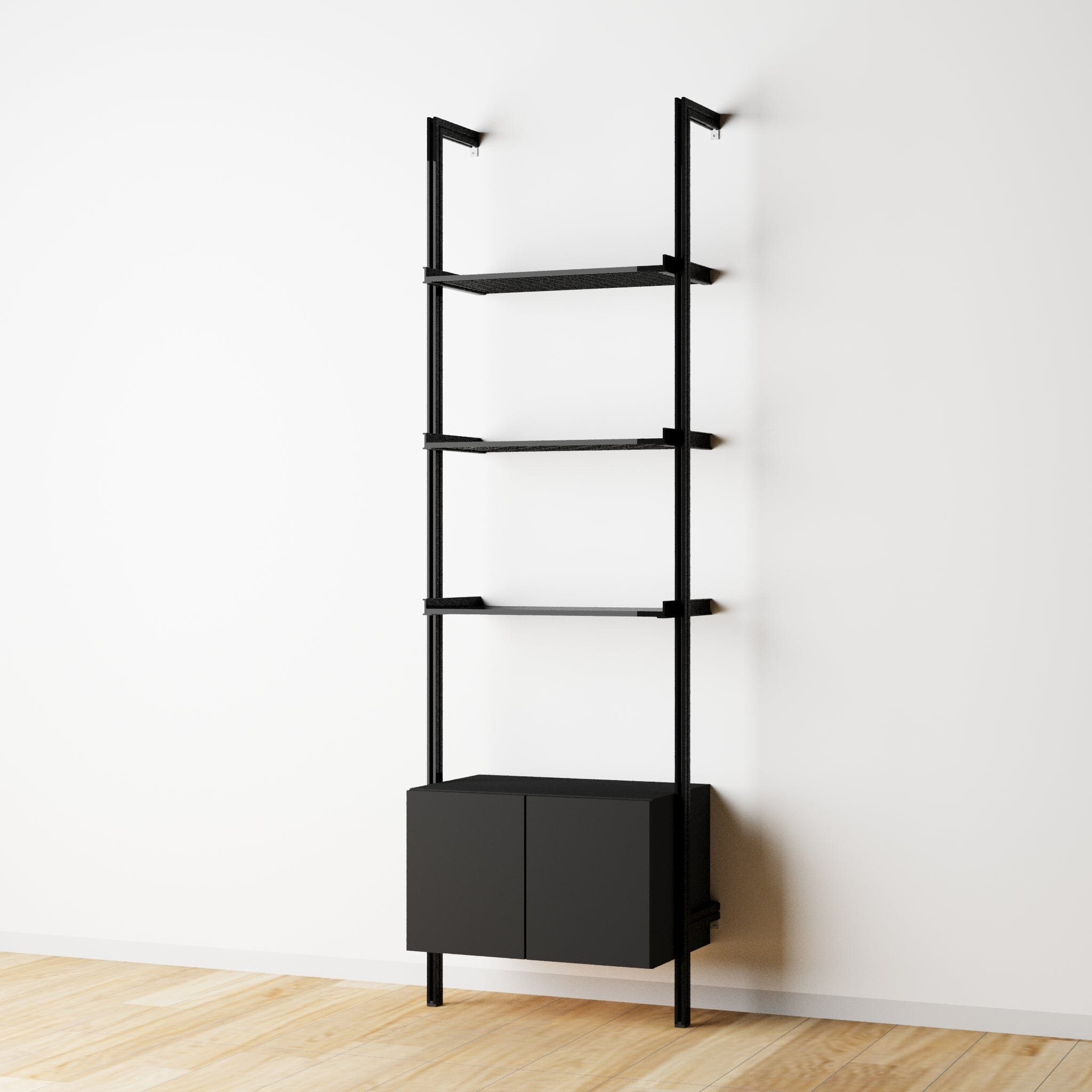 Modular Shelving Units - Aluminum Shelves + Wood Cabinets