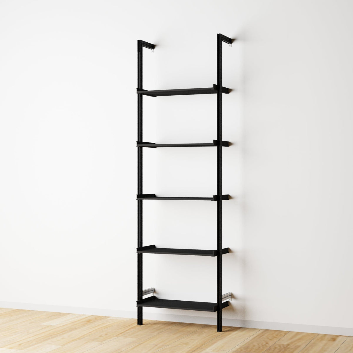 Wood shelf modular shelving unit with black shelves and black vertical posts, one bay, 24-inch shelf width, shown with open shelf levels.