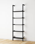 Wood shelf modular shelving unit with black shelves and black vertical posts, one bay, 24-inch shelf width, shown with open shelf levels.
