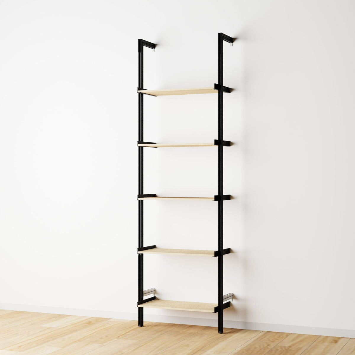 Wood shelf modular shelving unit with Casting Light shelves and white vertical posts, two bays, shown with open shelf levels.