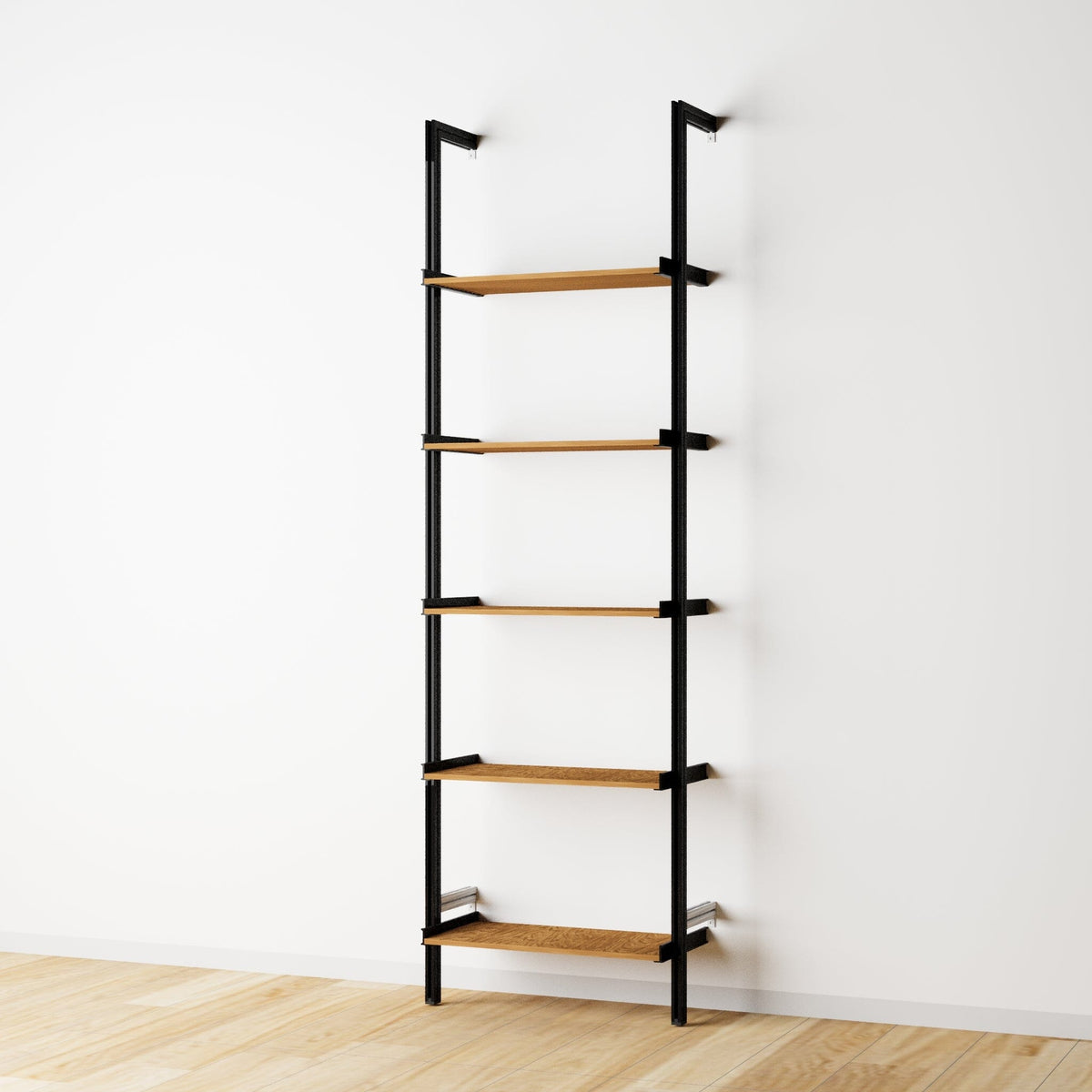 Wood shelf modular shelving unit with black shelves and satin vertical posts, two bays, shown with open shelf levels.