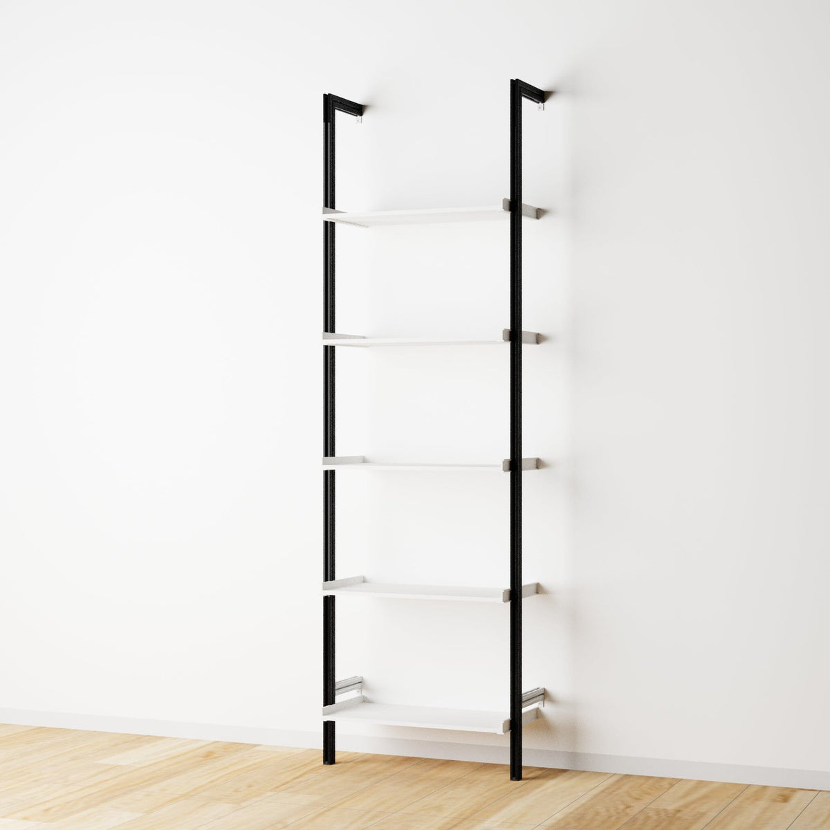 Wood shelf modular shelving unit with white shelves and black vertical posts, one bay, 24-inch shelf width, shown with open shelf levels.