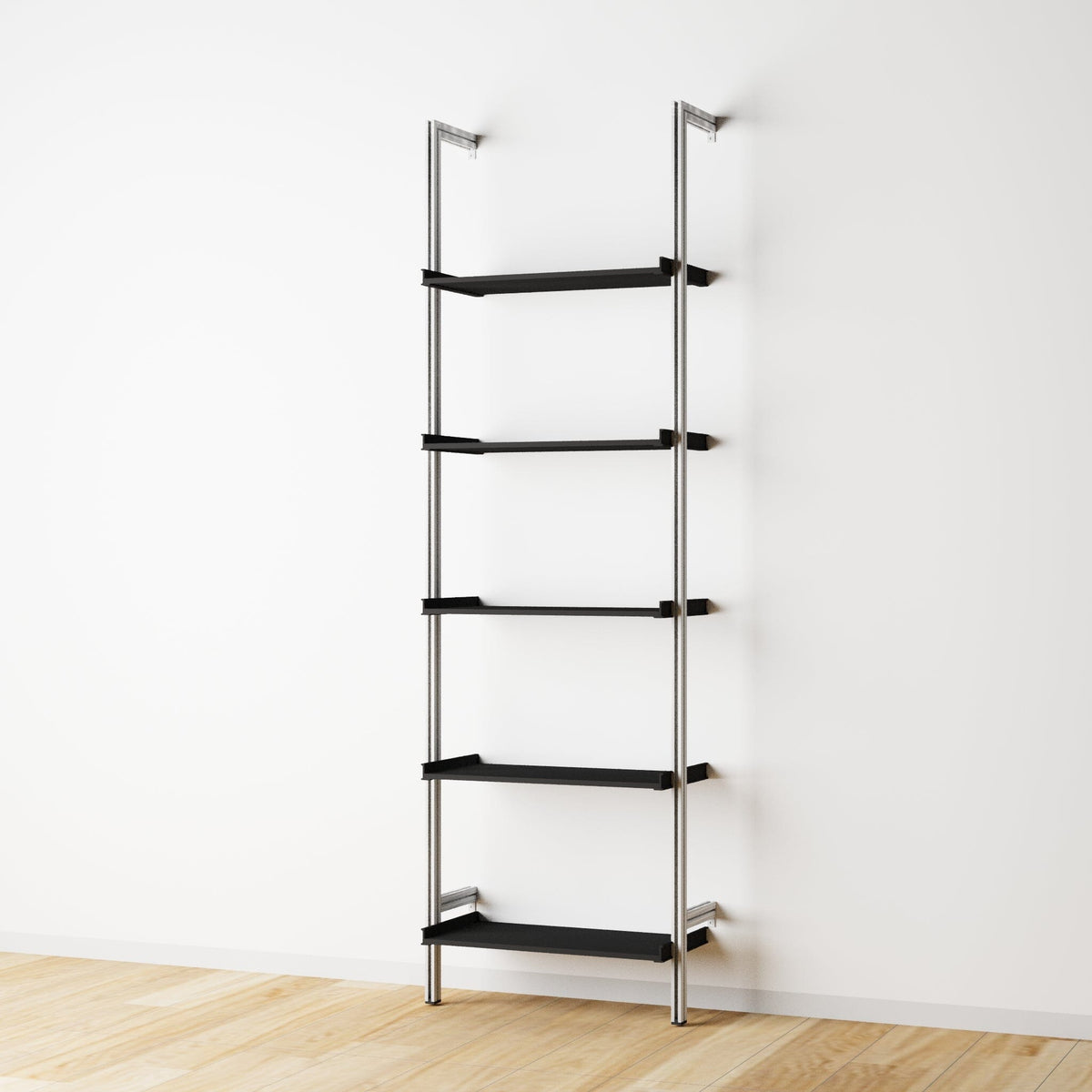 Wood shelf modular shelving unit with black shelves and satin vertical posts, one bay, 24-inch shelf width, shown with open shelf levels.
