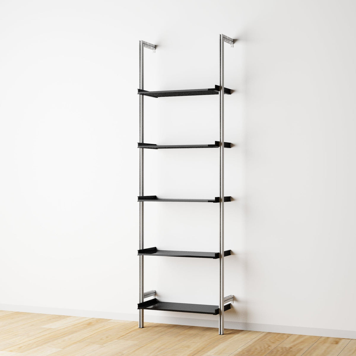 Modular shelving unit with black shelves and satin vertical posts, one bay, 24-inch shelf width, shown with open shelf levels.
