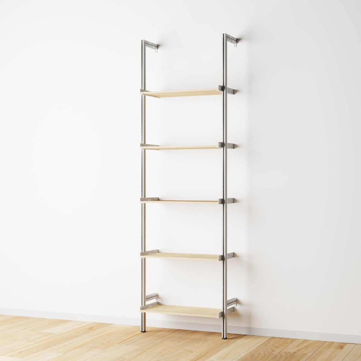 Wood shelf modular shelving unit with Tea for Two shelves and white vertical posts, two bays, shown with open shelf levels.